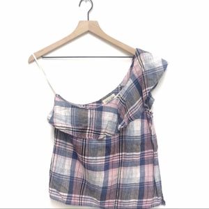 Anthropologie Plaid One Shoulder Linen Top